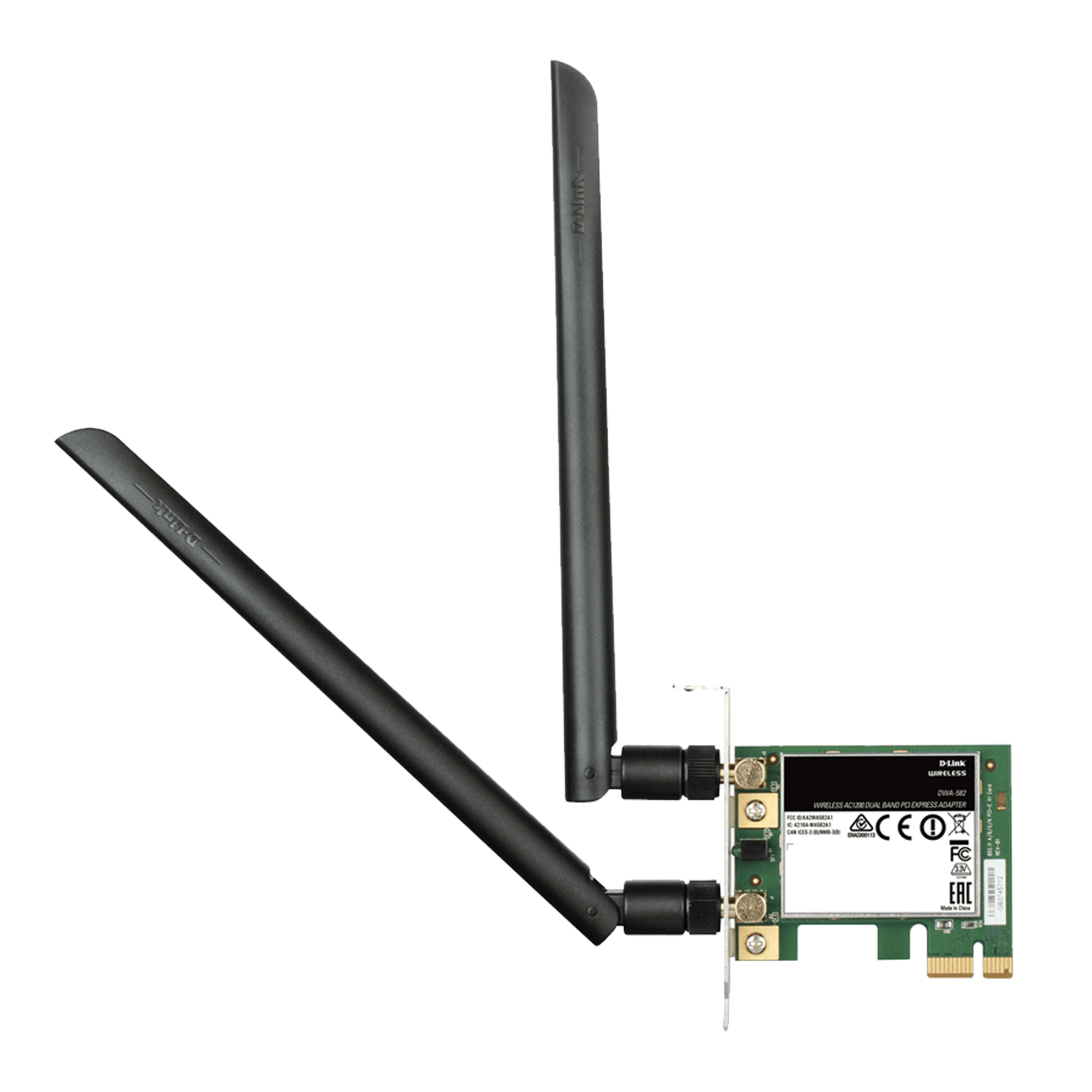 Adaptador Wi-Fi D-Link con antenas. Antenas negras, placa verde.