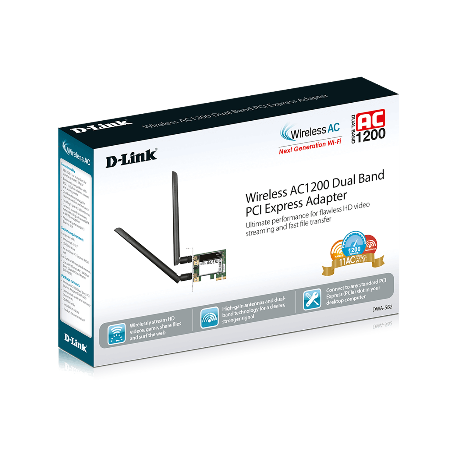 Caja de un adaptador D-Link Wireless AC1200 Dual Band PCI Express.