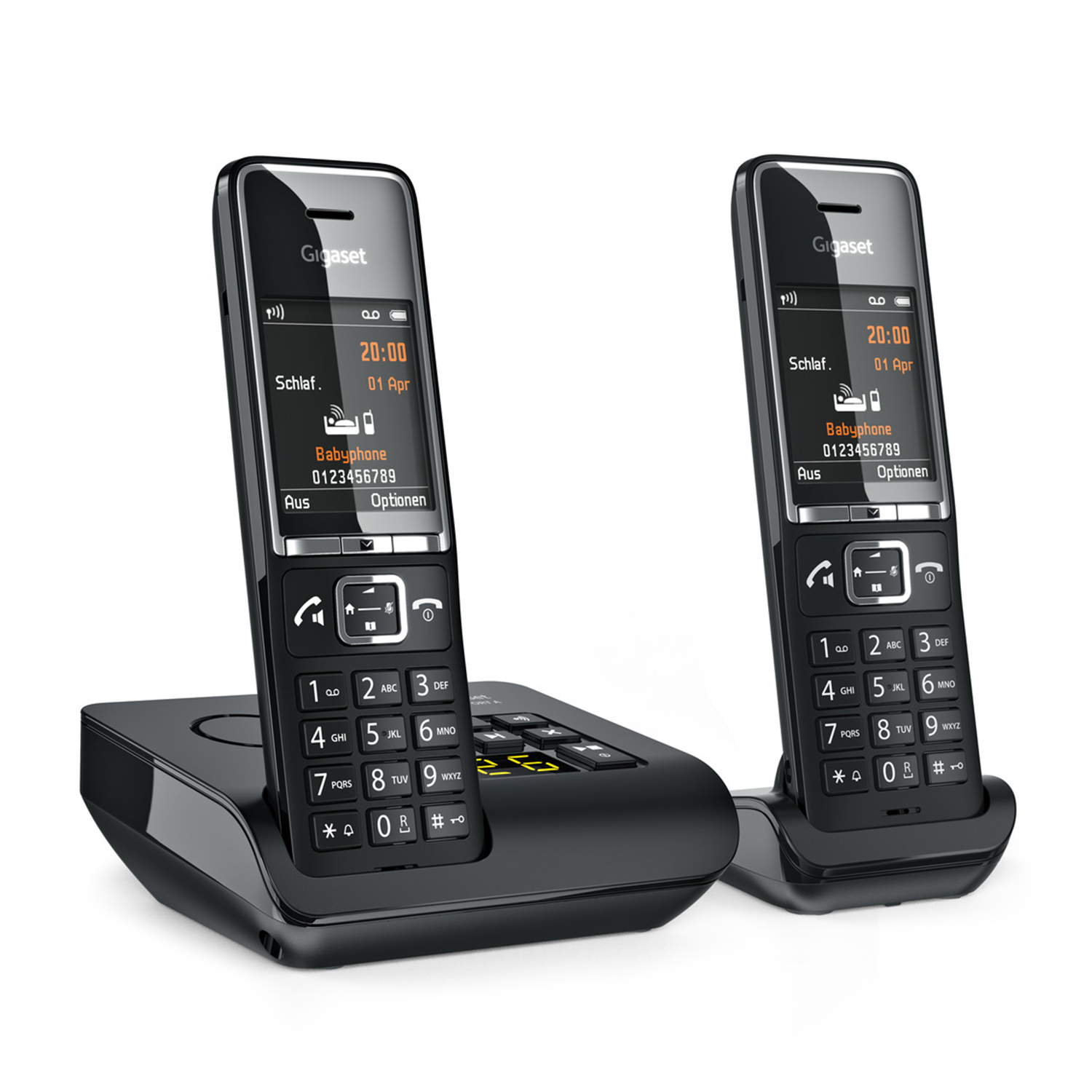 Telefoni cordless Gigaset neri su base caricatore, che mostra il display.