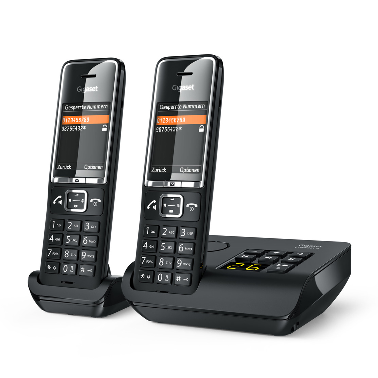 Due telefoni cordless Gigaset neri su una base. Visualizza numeri e ha pulsanti.