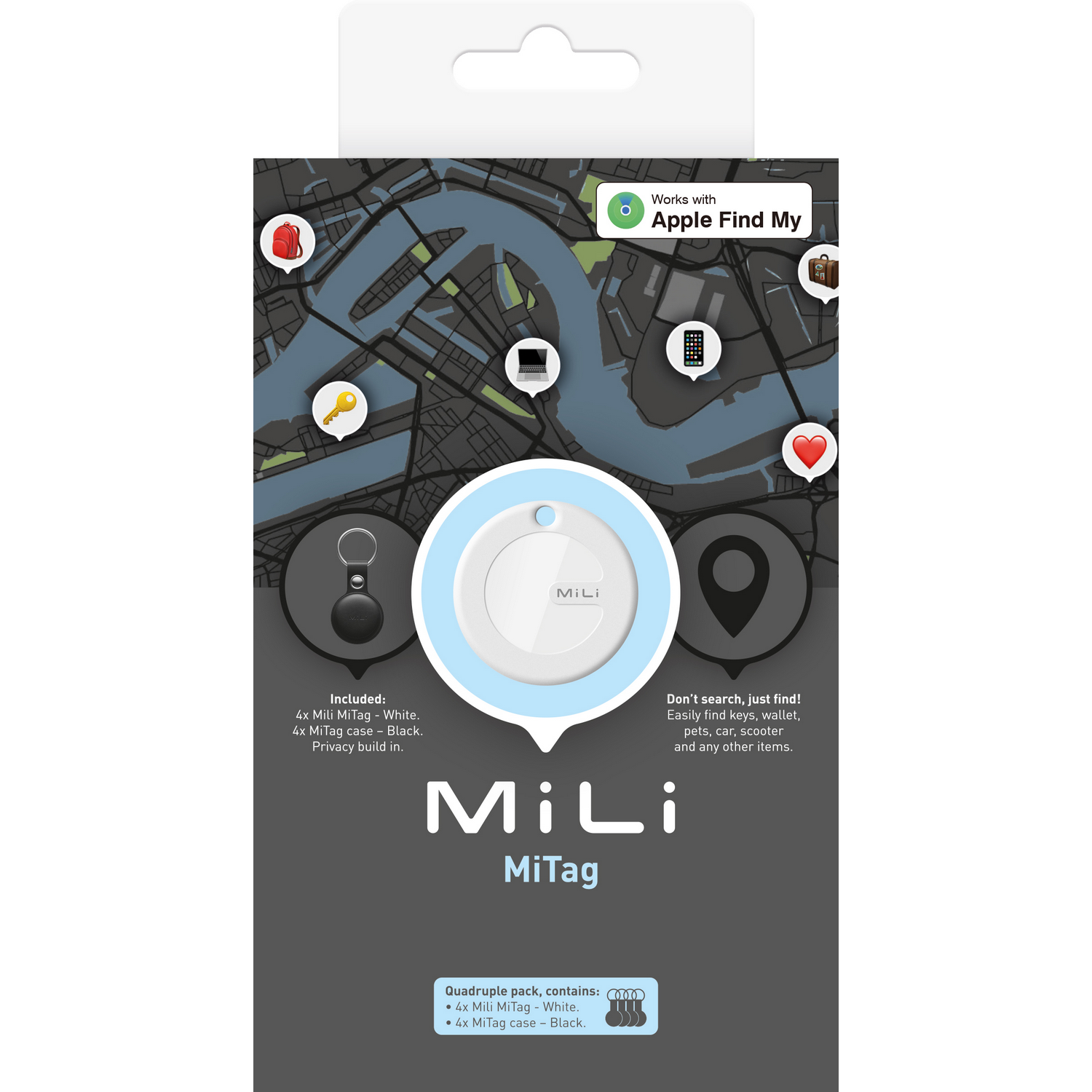 MiLi MiTag tracker package showing the product and its features.