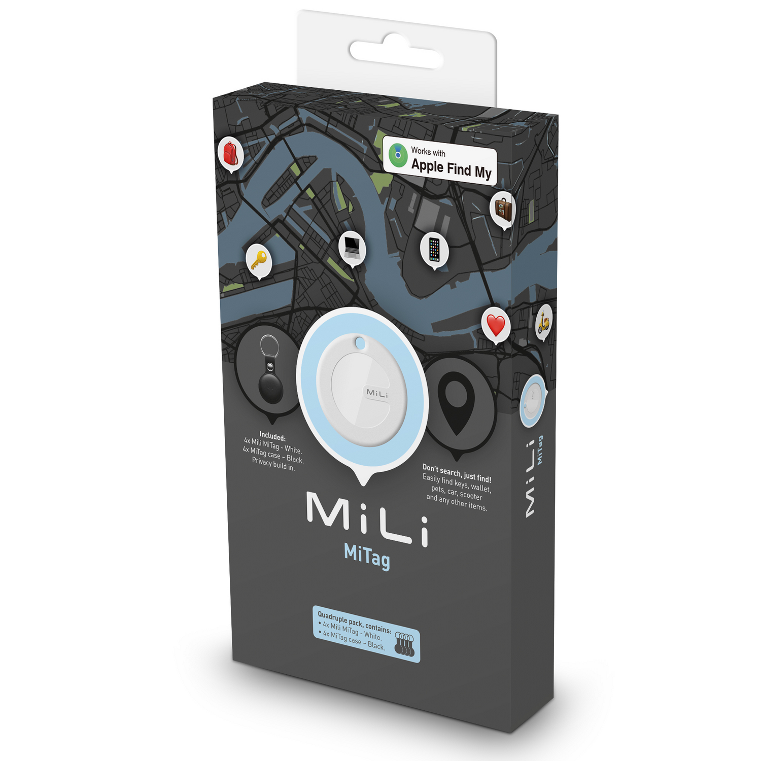A MiLi MiTag box with a map, icons, and product details.  The box is white and blue.