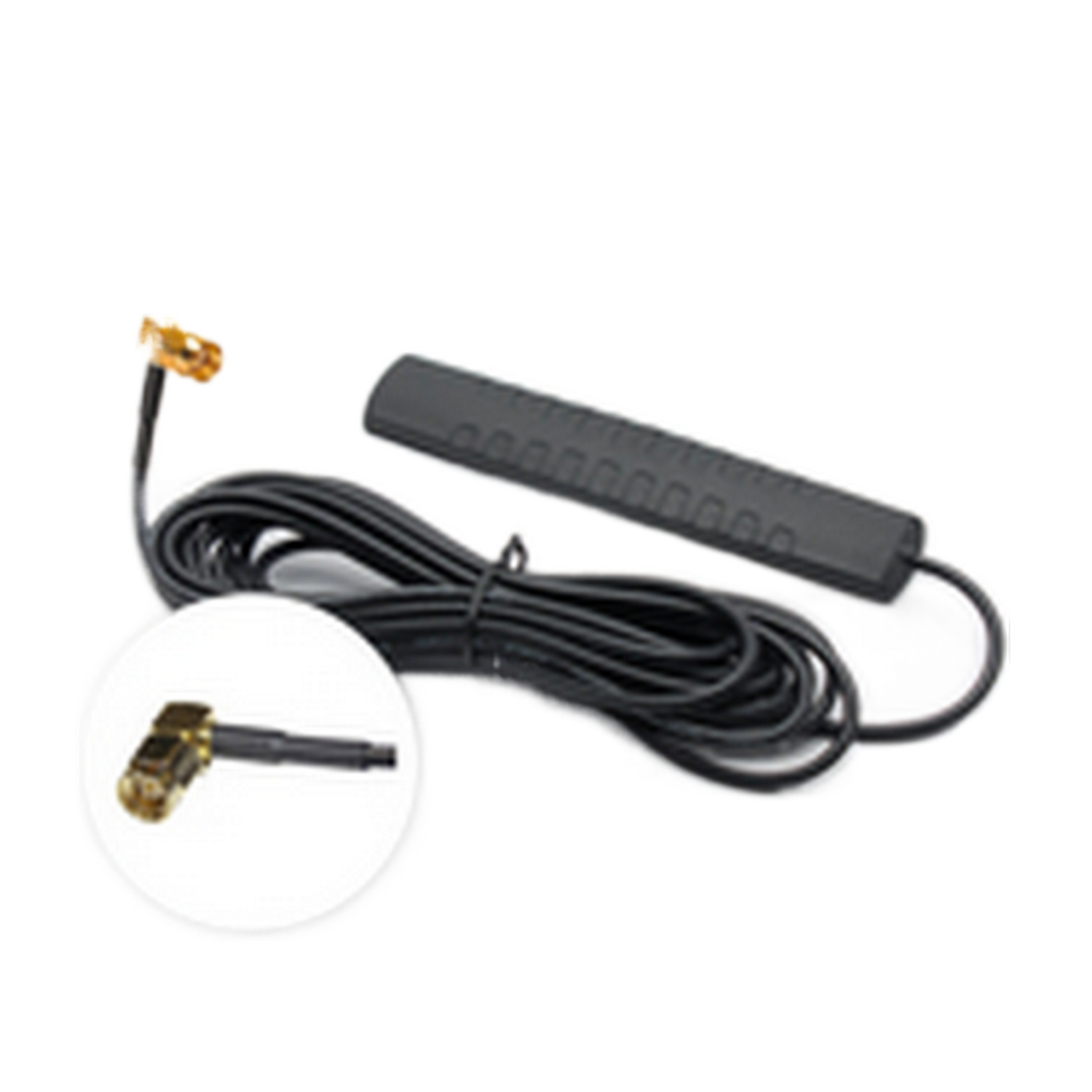 Een antenne met een zwarte kabel en een gedetailleerde close-up van de connector, op een witte achtergrond.