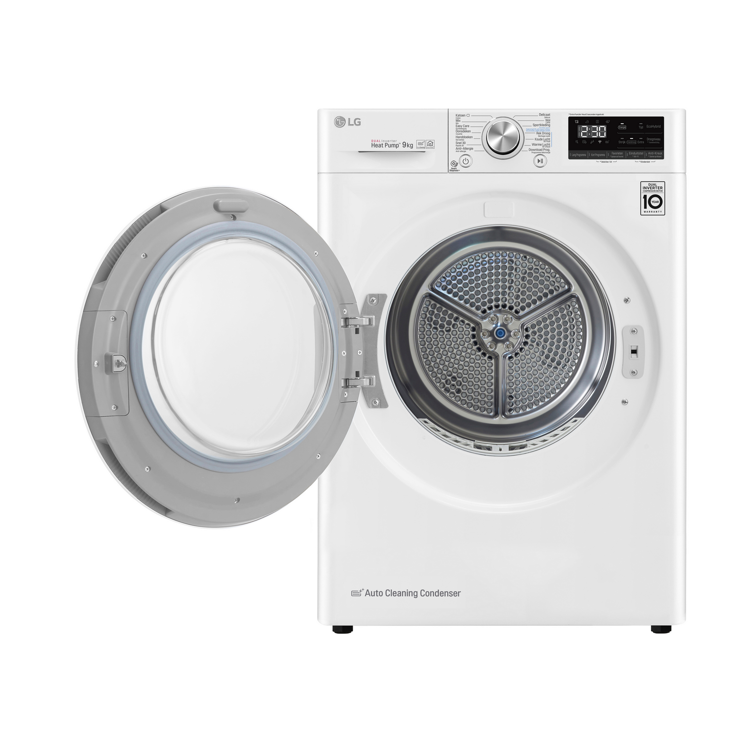 A white LG dryer with the door open. The inside of the dryer is visible.