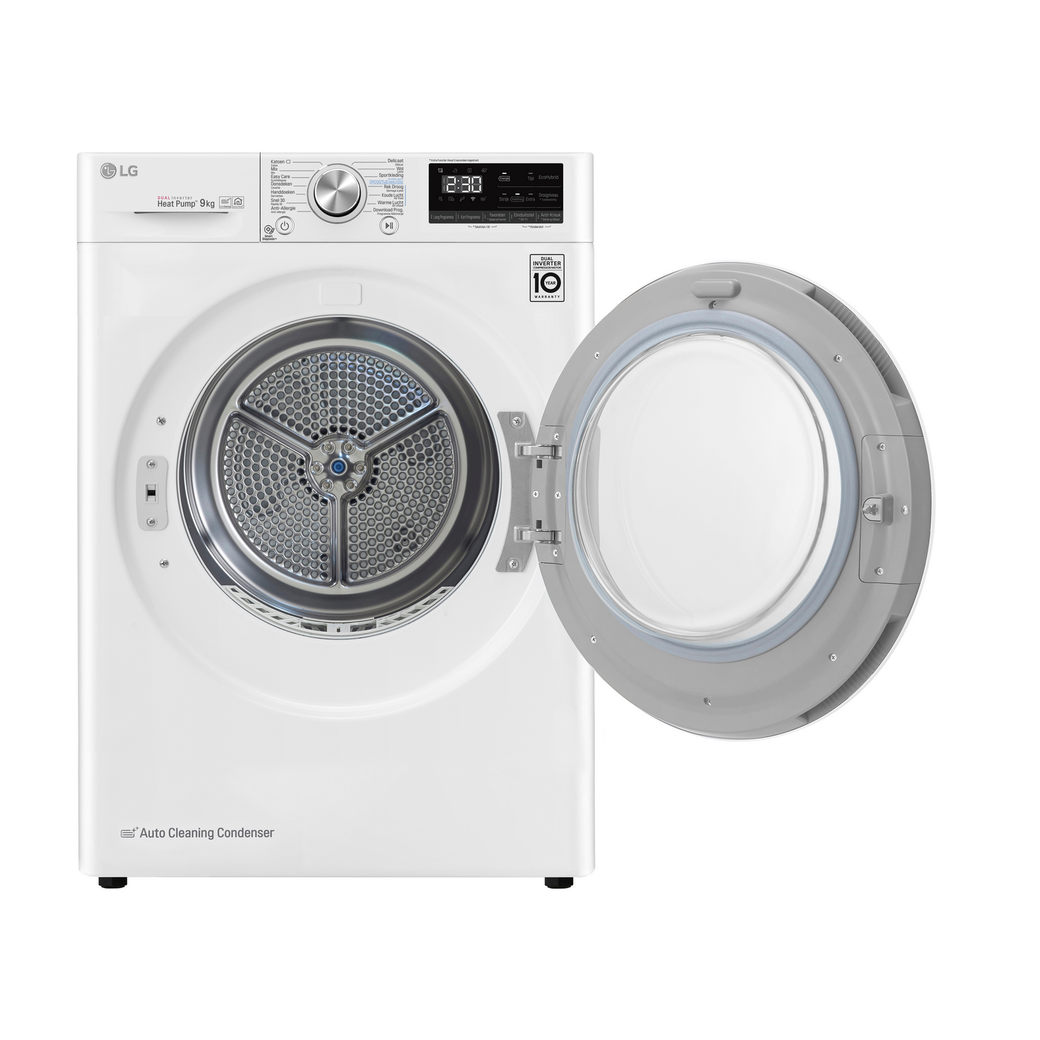 White LG dryer with open door. Control panel displays time. Drum is visible.
