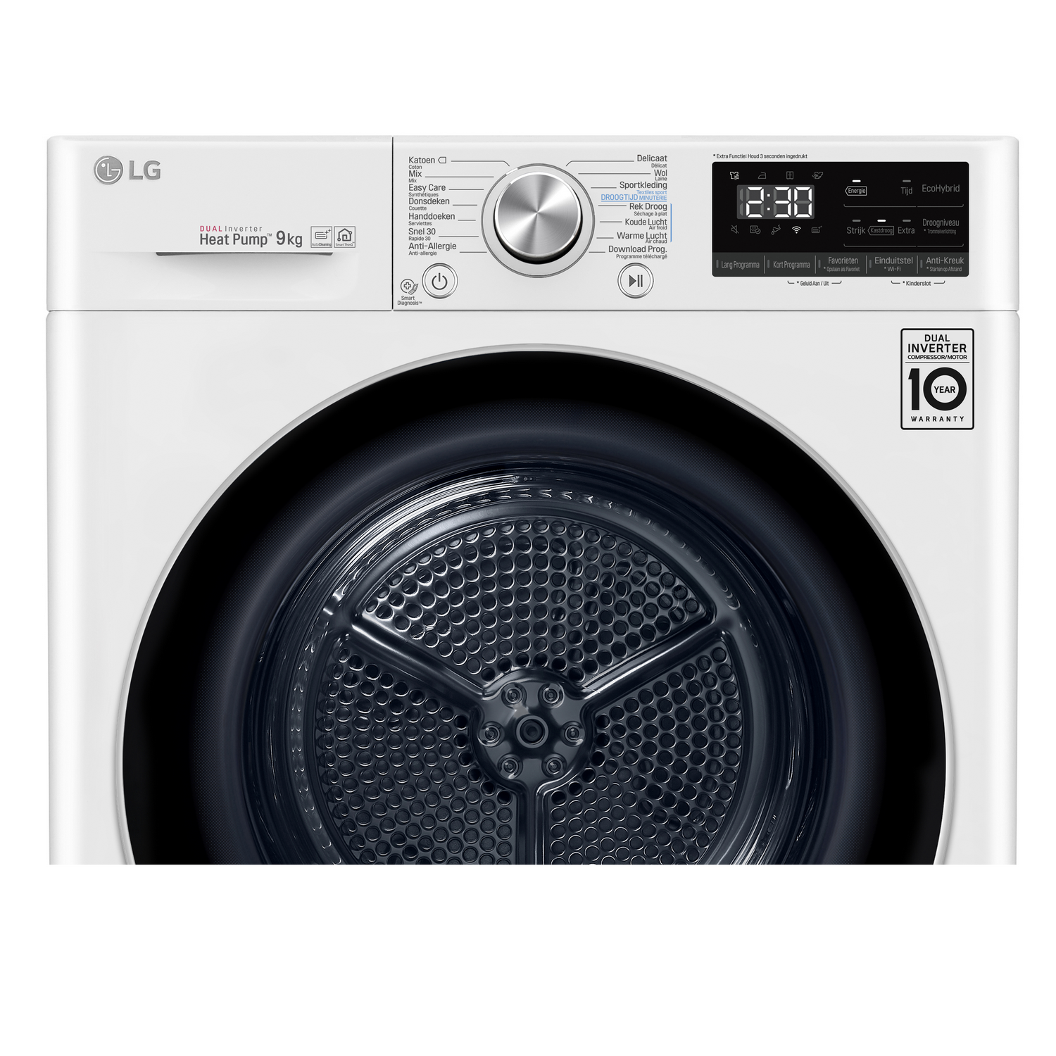 A white LG dryer with a control panel and a dial. The door is black and the machine is white.