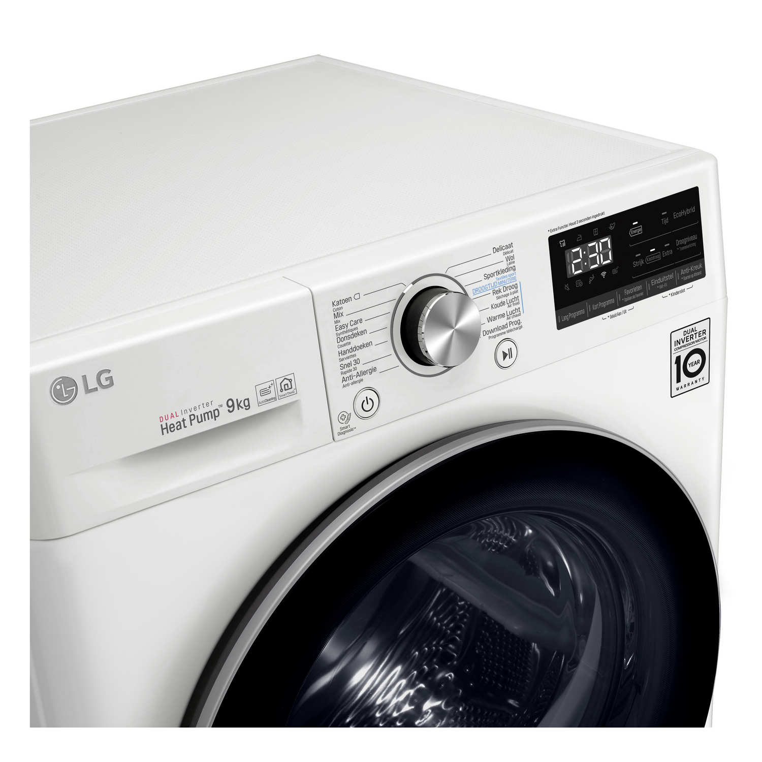 A close-up of a white LG washing machine control panel with dials and a digital display.