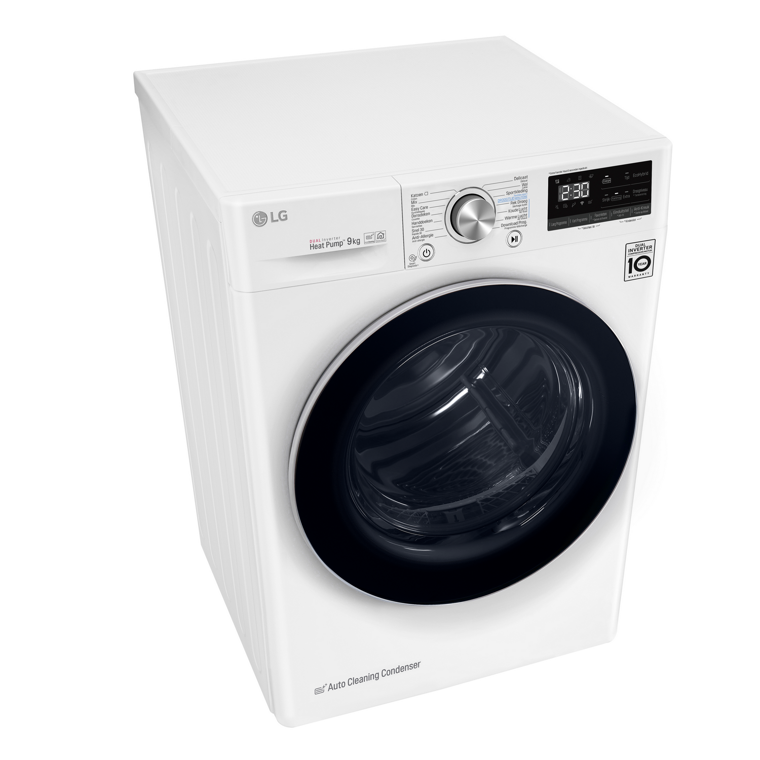 White LG dryer machine with a black door and digital display on top. White background.