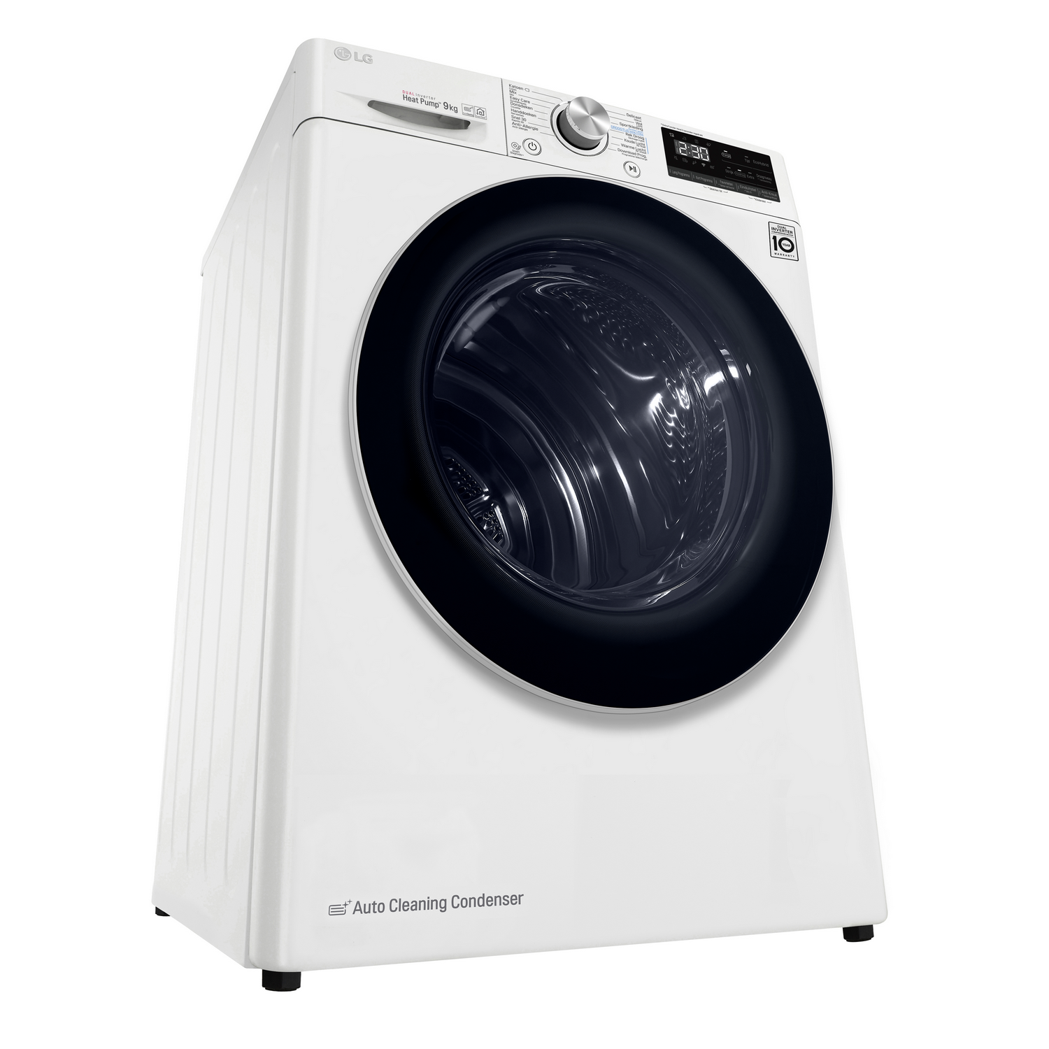 White LG dryer. Features a black door and digital display.