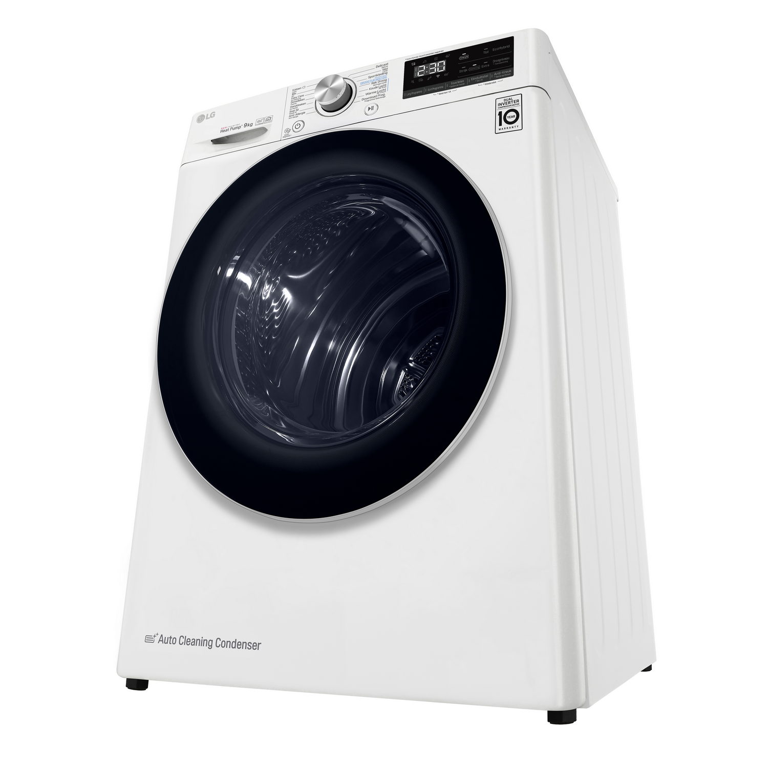 White LG washing machine, angled view on a white background.