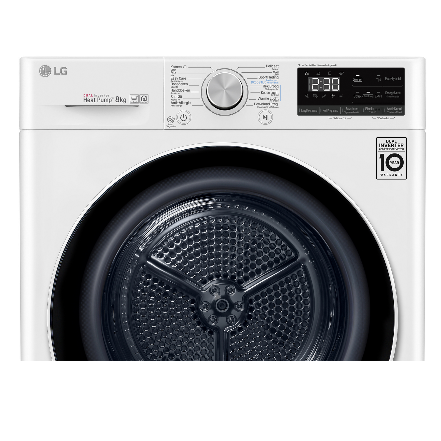White LG Heat Pump 8kg dryer machine, with a round door. The control panel is on the top.