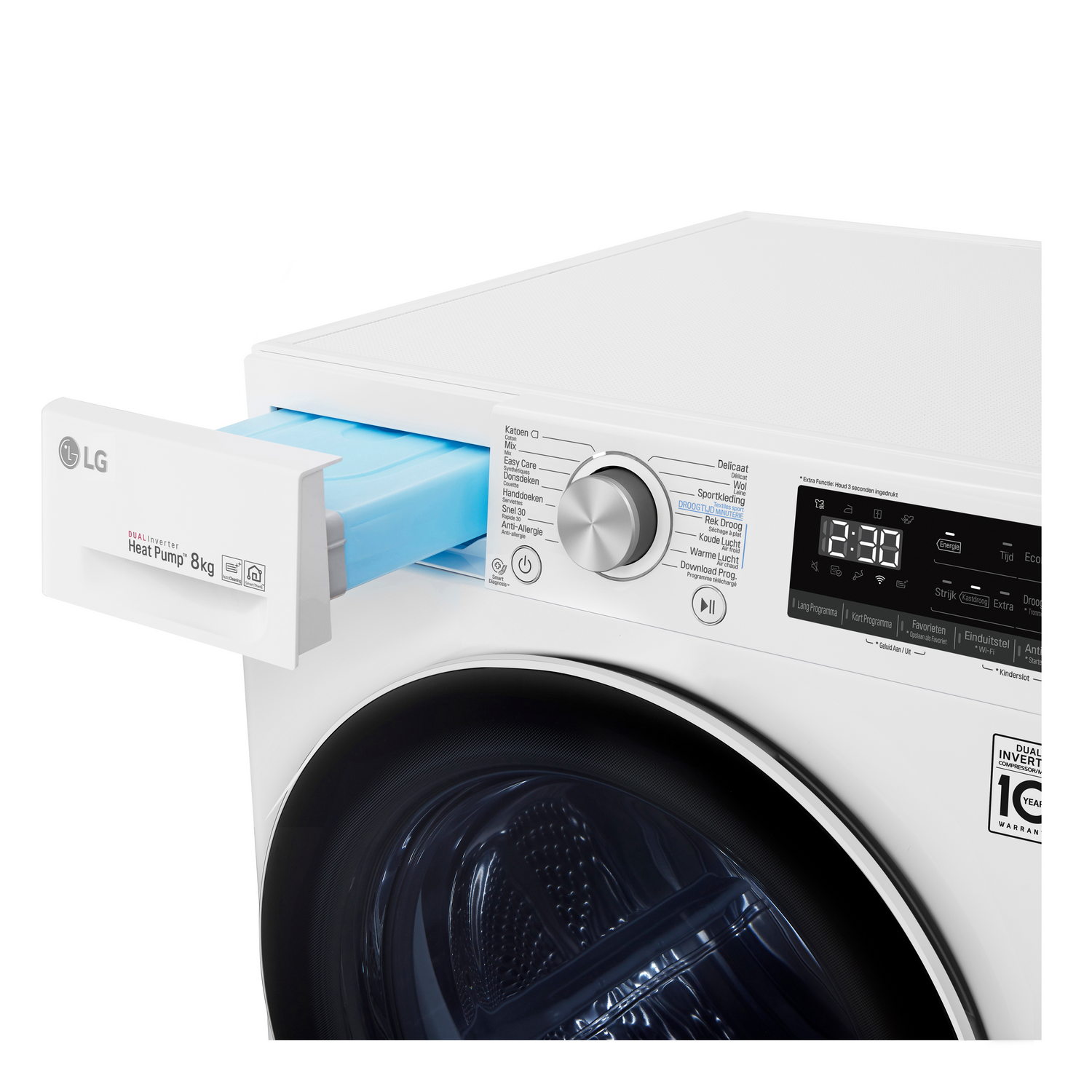 White LG Heat Pump 8kg dryer, with a drawer open. The dryer has a digital display.