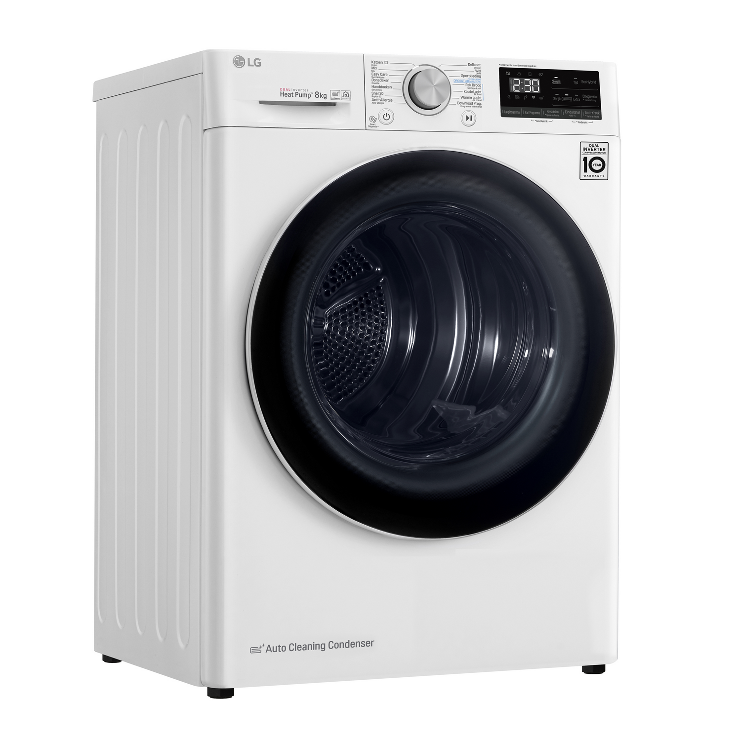 A white LG Heat Pump dryer. It has a black door and a digital display. Seen from a side angle.