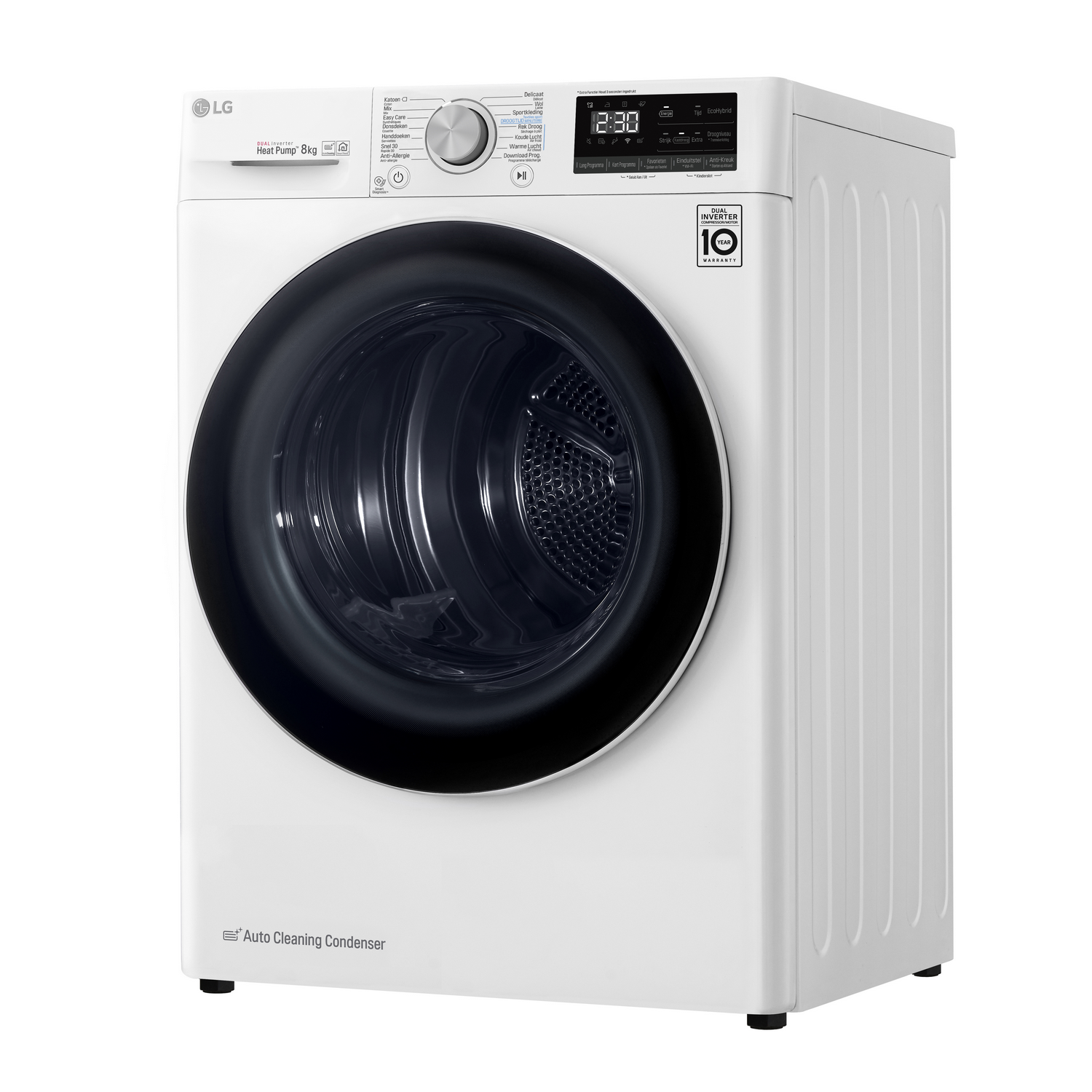 A white washing machine with a black door. The machine is isolated on a white background.