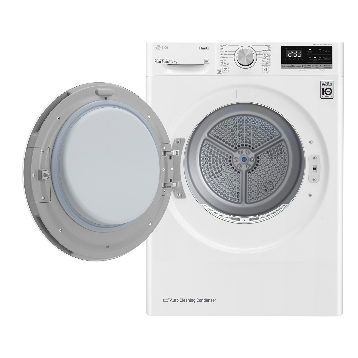 White dryer with open door. The inside drum is visible, and the control panel is on top.