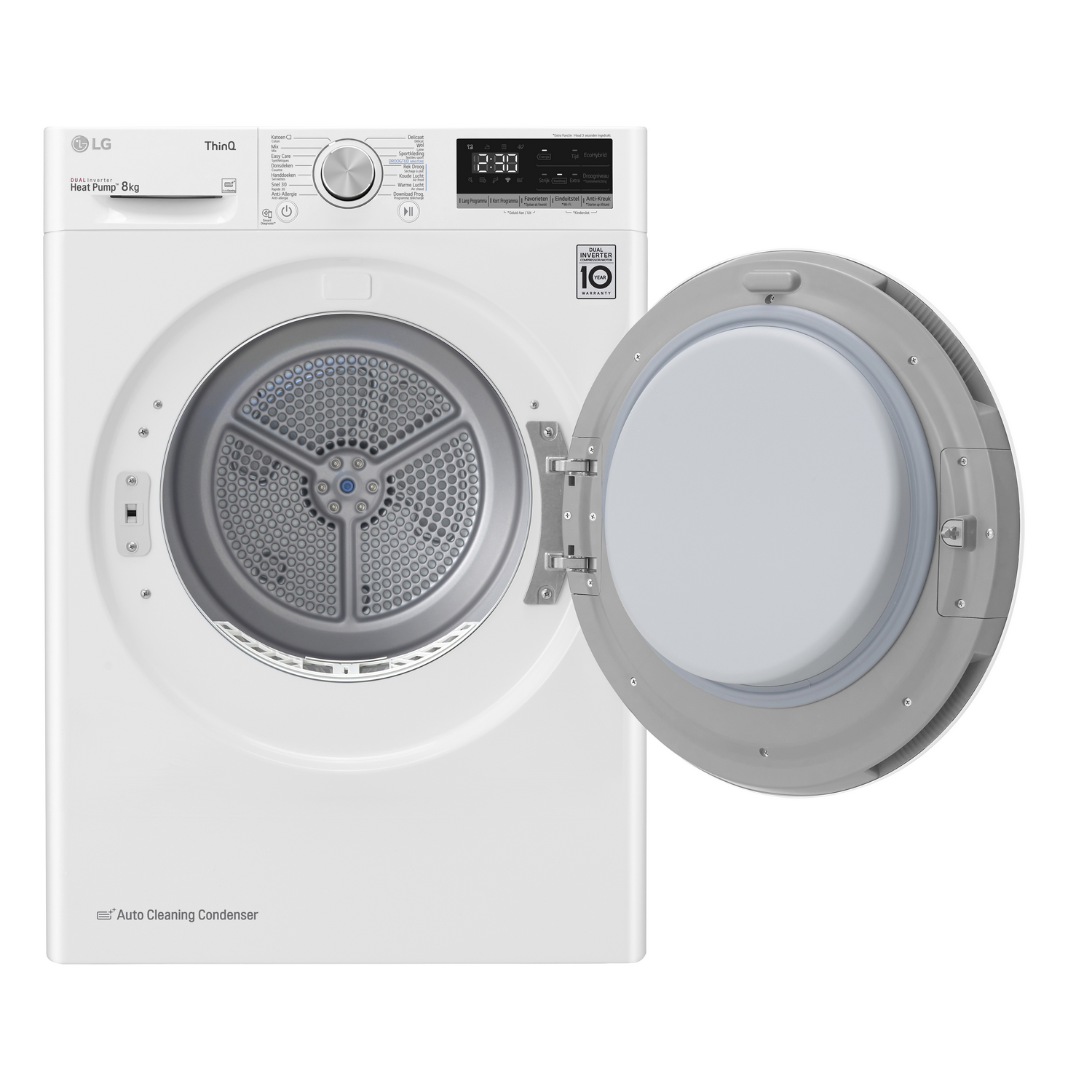 A white LG heat pump dryer with the door open. The interior is visible.