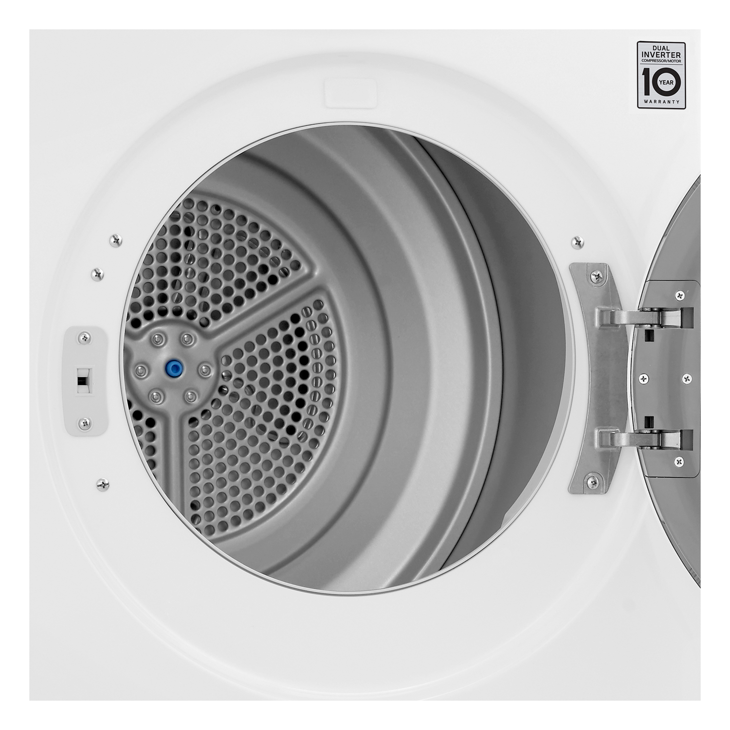 Inside of a white dryer. The drum and the door are visible, with a dark background.