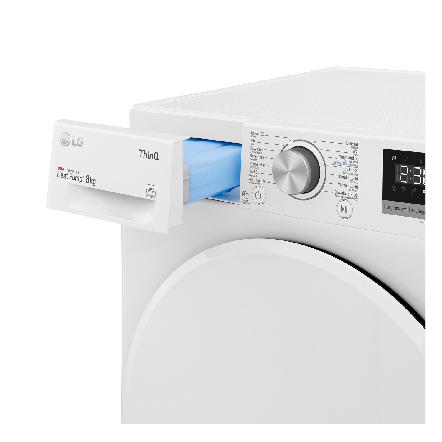 White LG washing machine drawer is open. Blue detergent compartment.