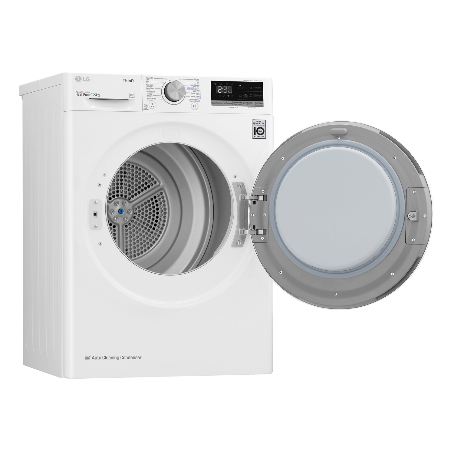 White washing machine with open door, showing interior and display.