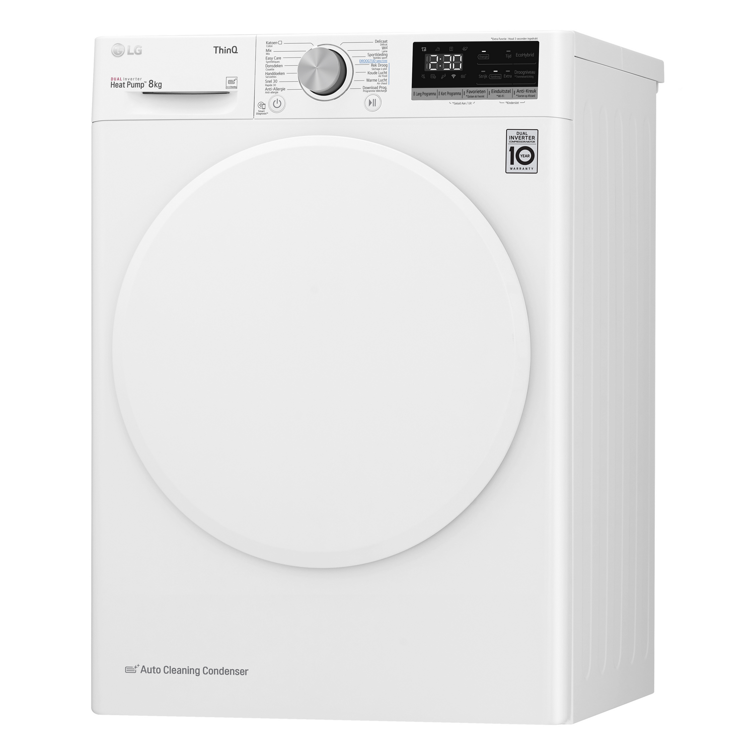 White LG heat pump dryer. It has a round door and control panel at the top.