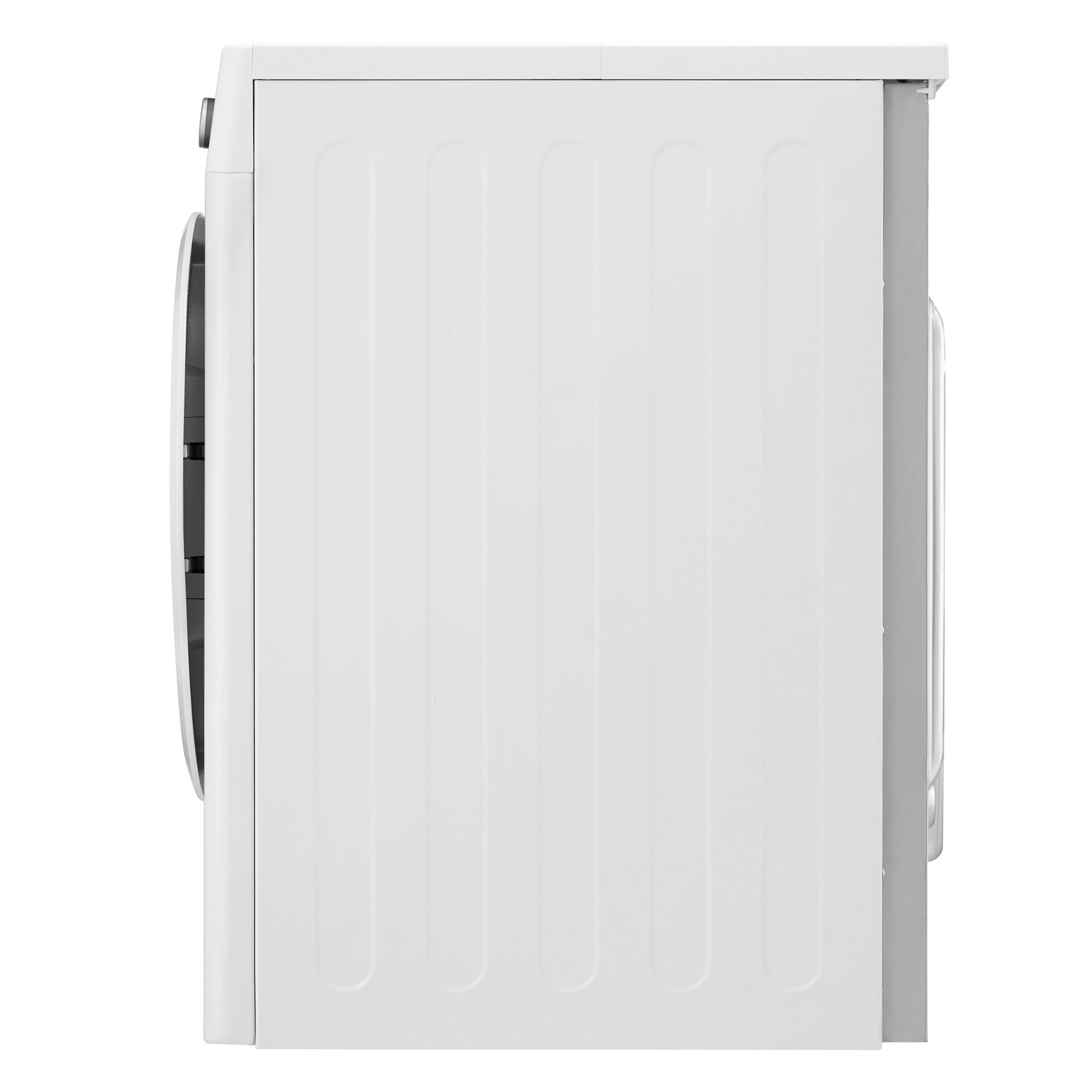 A side view of a white washing machine or dryer, showing the side panel.