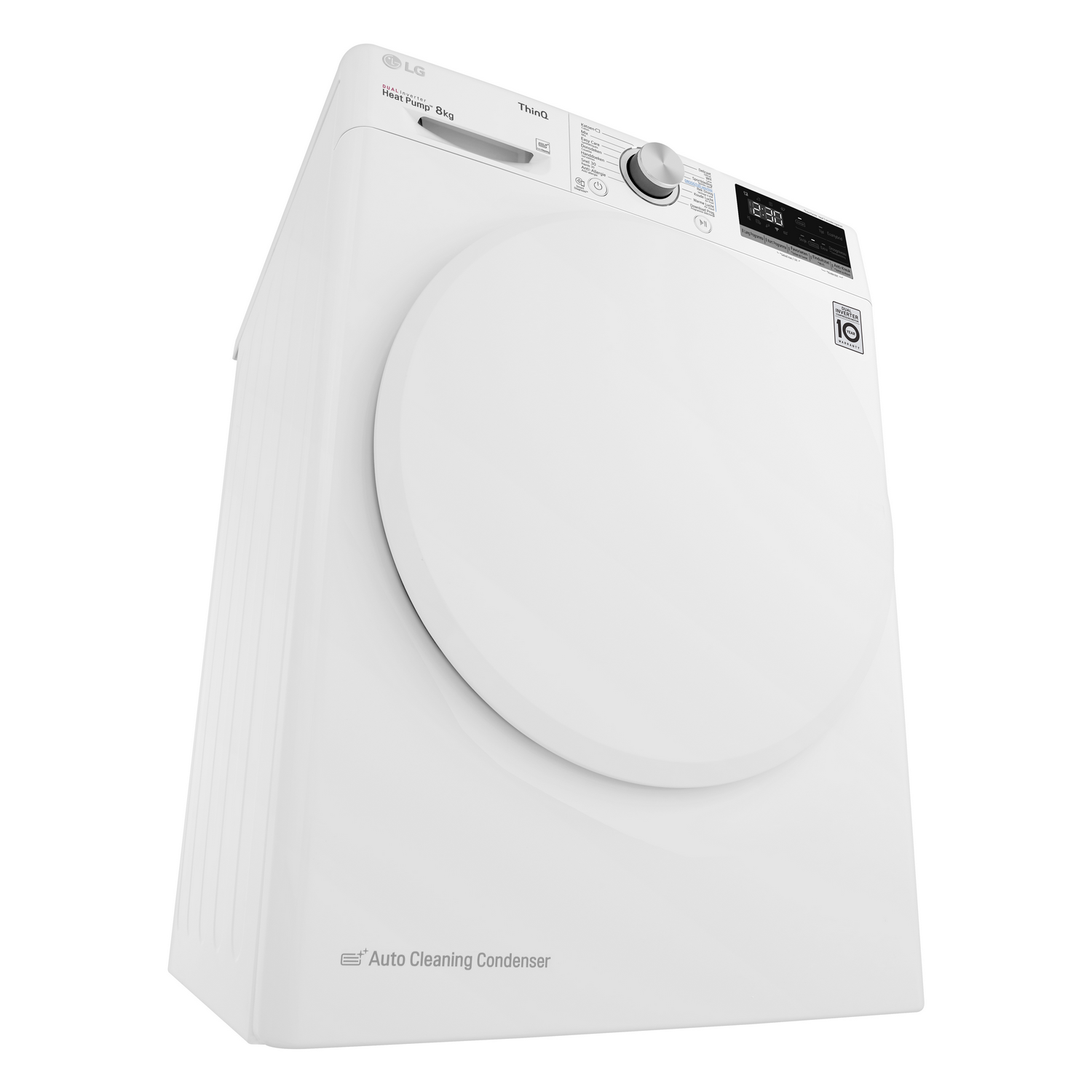 A white LG washing machine, low angle, with a rounded door and control panel visible.