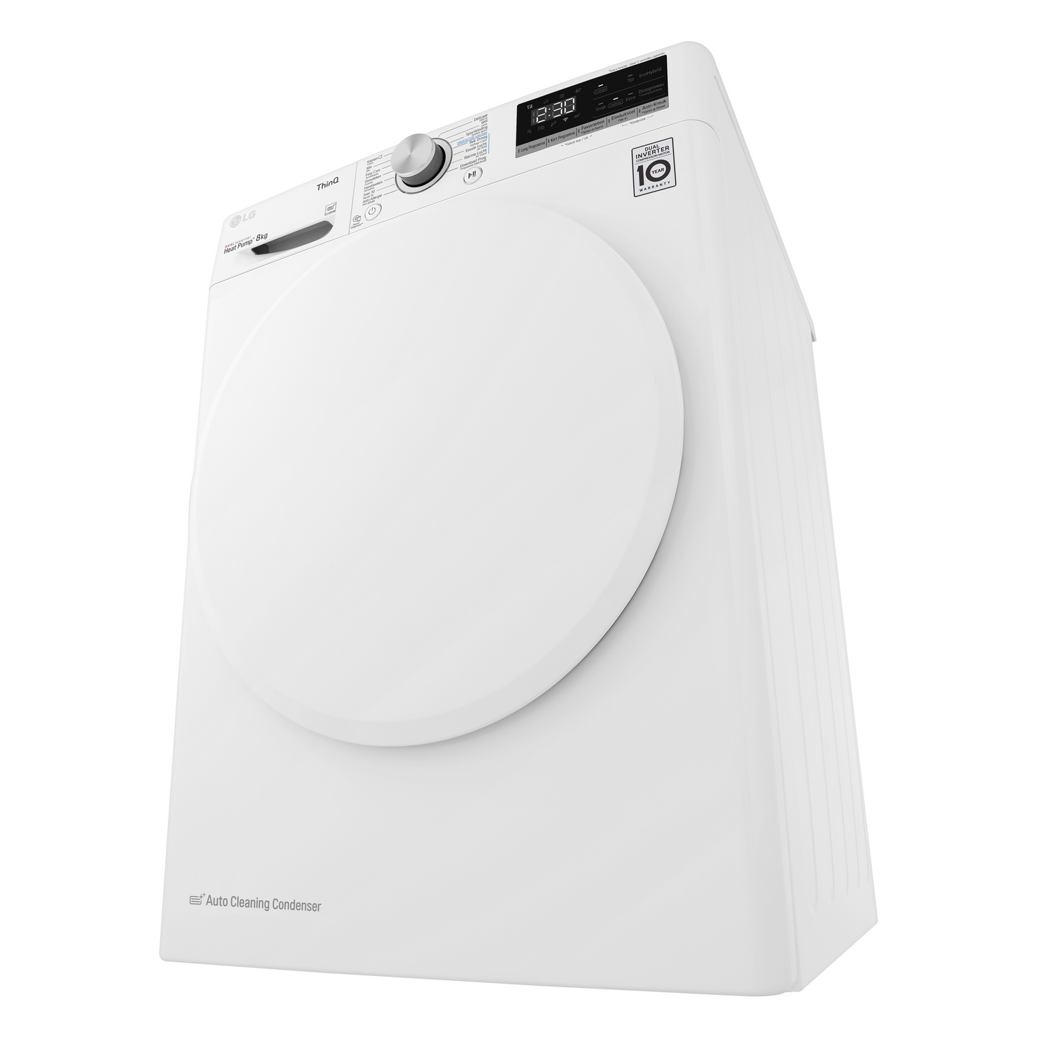 White LG dryer, with a circular door and control panel at the top.