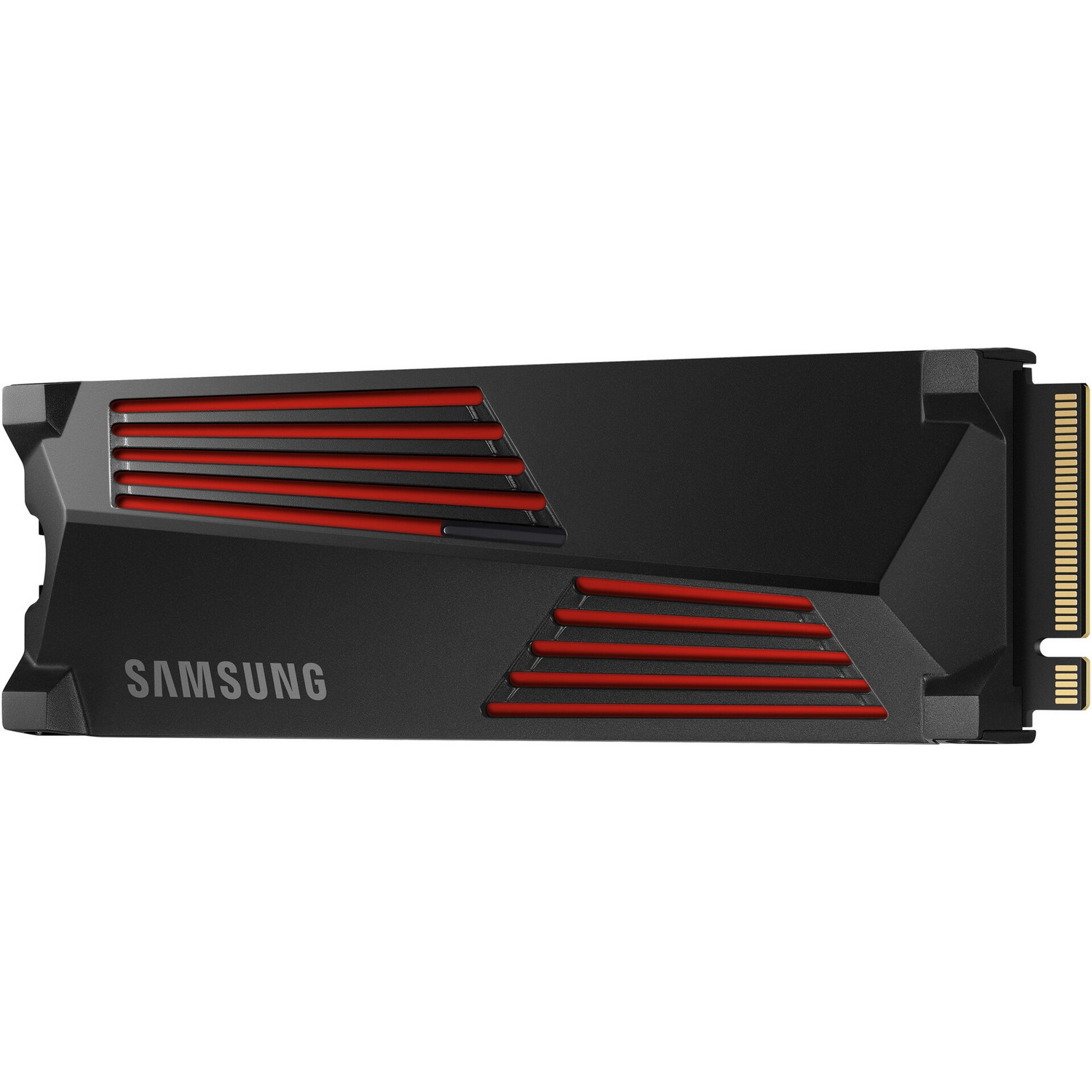 Zwarte Samsung SSD met rode strepen, met connector aan de rechterkant.