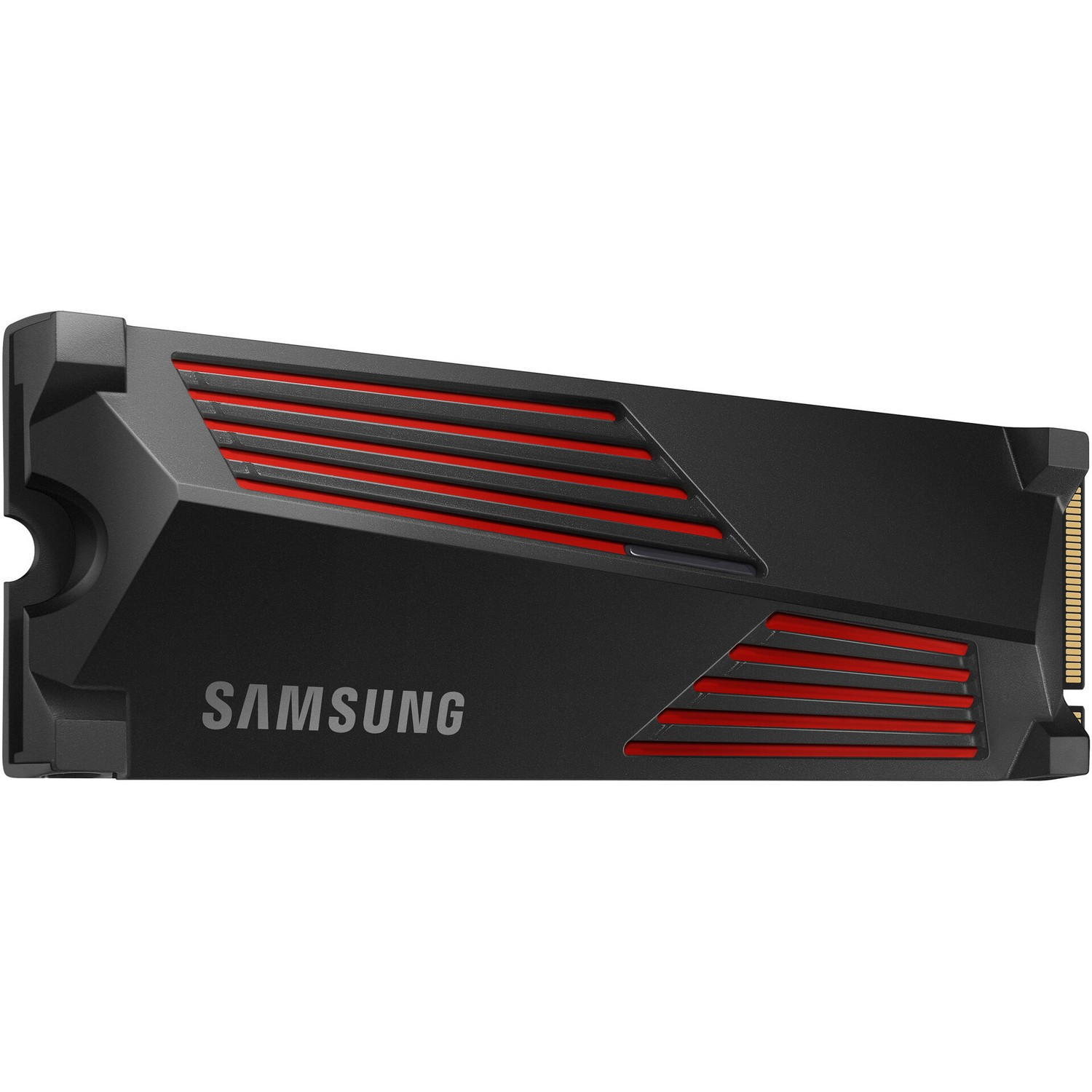 Zwarte Samsung SSD-schijf met rode strepen. Het heeft een metalen connector.