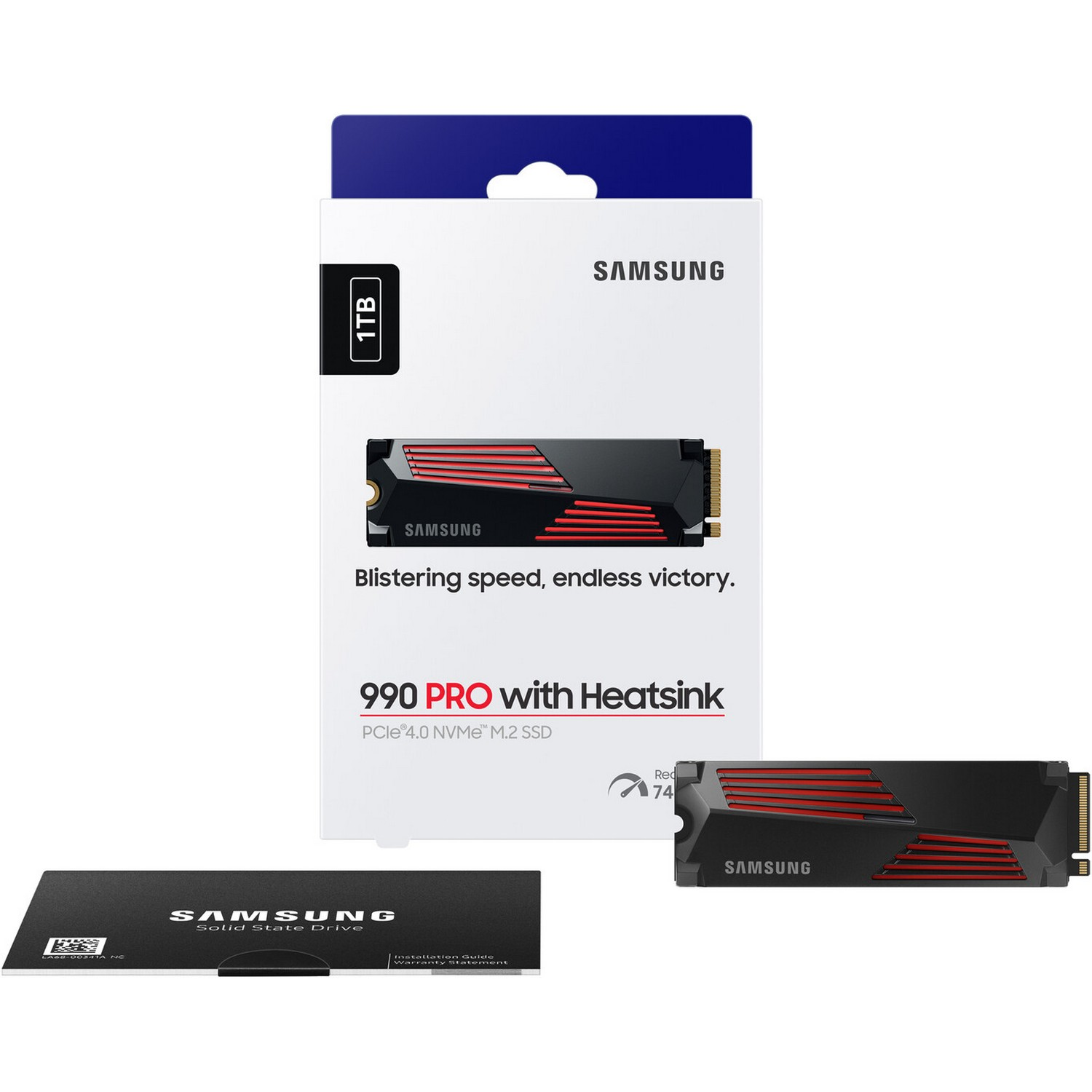 Een Samsung 990 PRO SSD in de verpakking, met een heatsink.