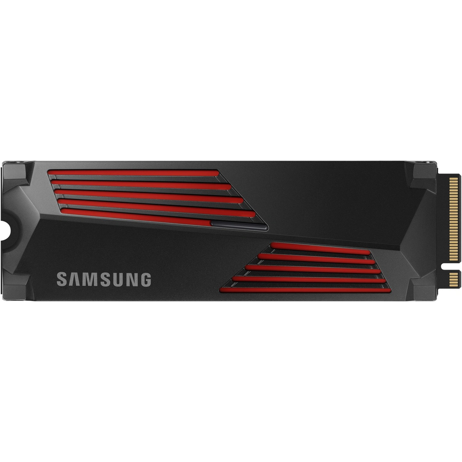 A black and red Samsung NVMe SSD, with a heatsink design. The Samsung logo is visible.