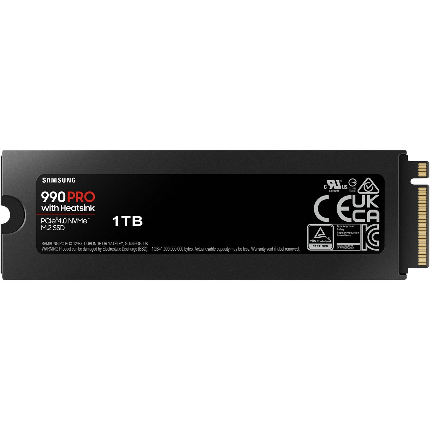 Black Samsung 990 Pro SSD with heatsink, showing product details on a black surface.