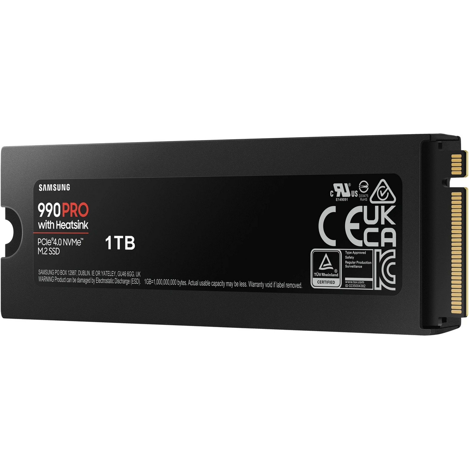 Samsung 990 Pro M.2 SSD with heatsink, 1TB capacity, and various certifications.