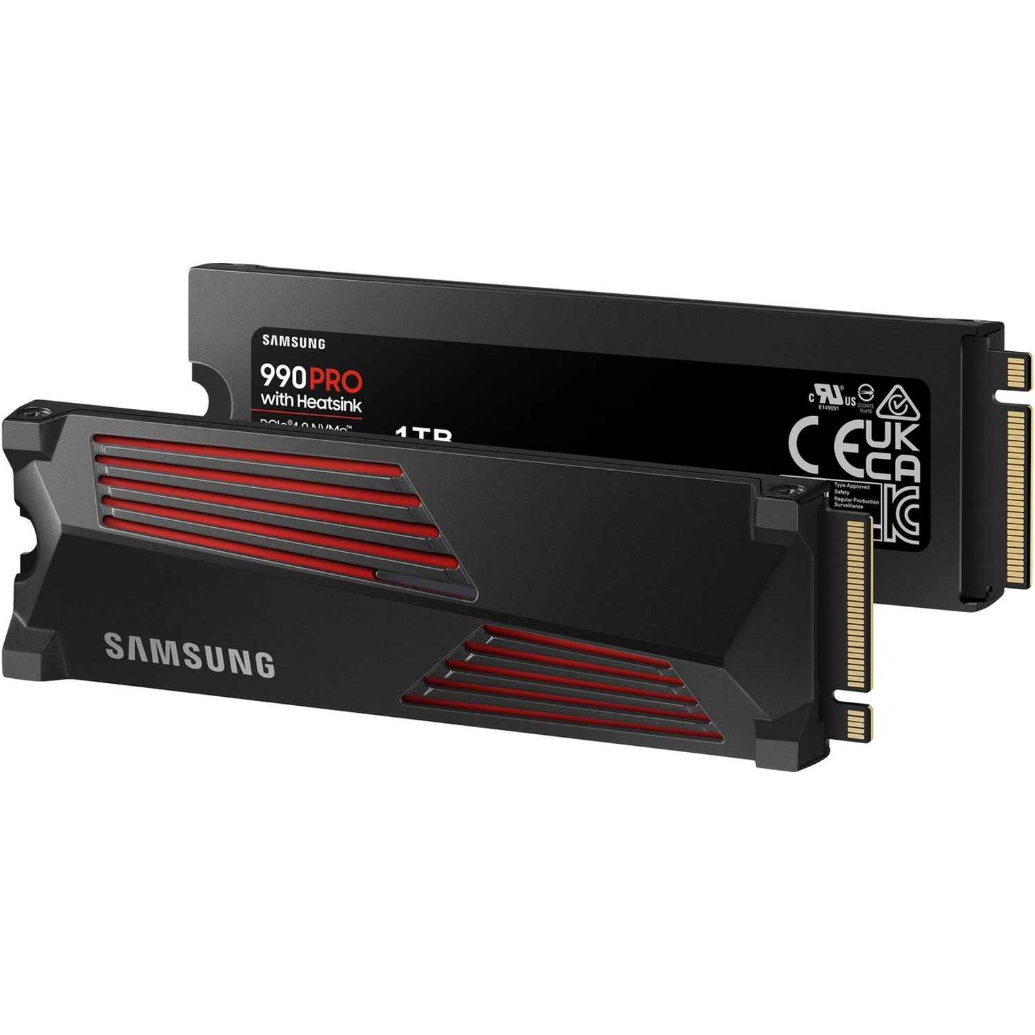 Two black Samsung 990 Pro NVMe SSDs with red accents, one in a case.