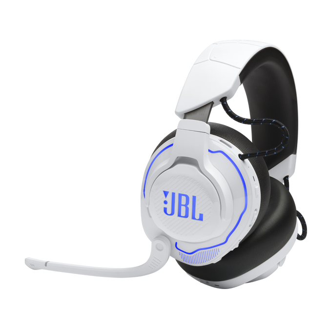 Auriculares gaming JBL blancos y negros con micrófono. Iluminación azul.