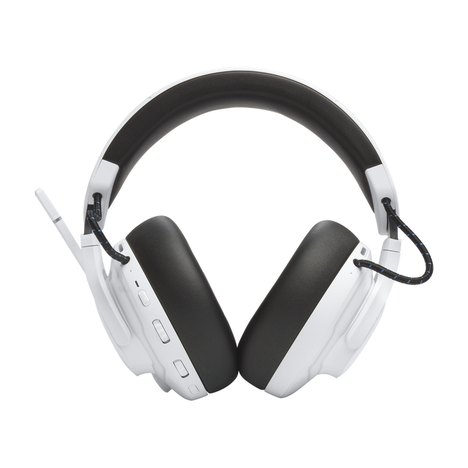 Auriculares blancos y negros con micrófono. Muestra almohadillas, diadema y botones sobre fondo negro.