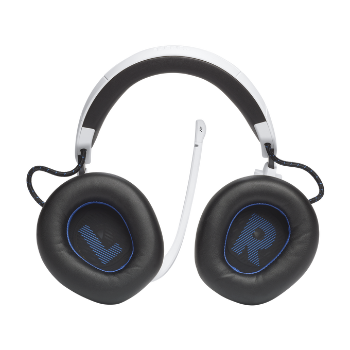 Auriculares para juegos blancos y negros con micrófono flexible, sobre fondo negro.