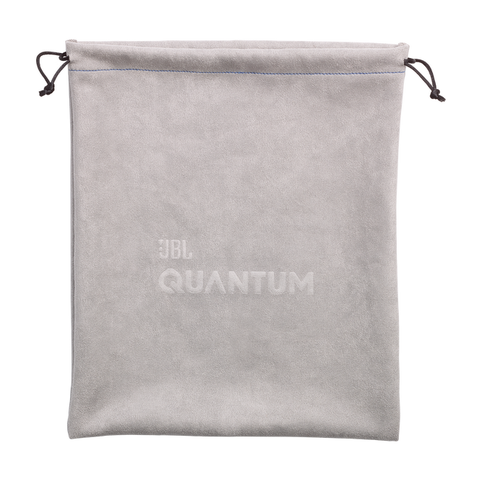 Bolsa gris JBL Quantum. El logotipo de JBL QUANTUM se muestra prominentemente en el frente.