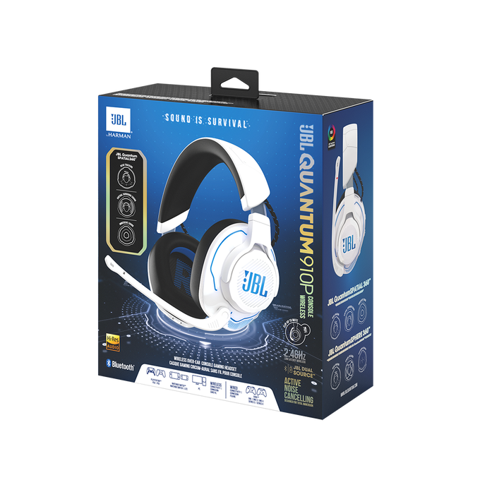 Caja de auriculares JBL Quantum 910P. Auriculares blancos y negros en exhibición. Se destacan las funciones Bluetooth y gaming.