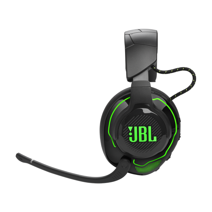 Auriculares para juegos JBL negros y verdes con micrófono y luces verdes.