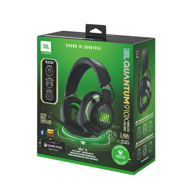 Caja de auriculares gaming JBL Quantum 910X. Imagen de auriculares negros. Diseño verde y negro.