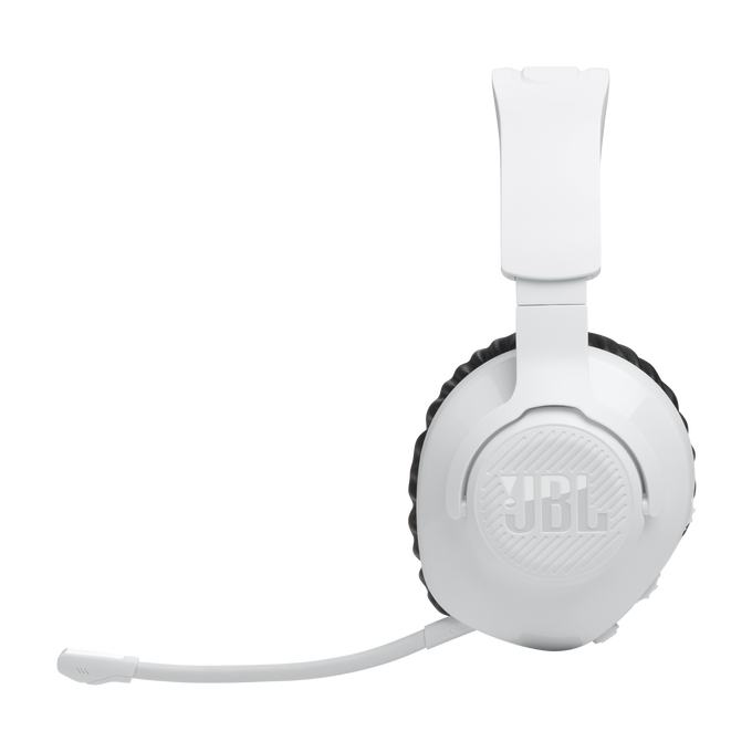 Auriculares JBL blancos con un micrófono que se extiende desde el auricular izquierdo.