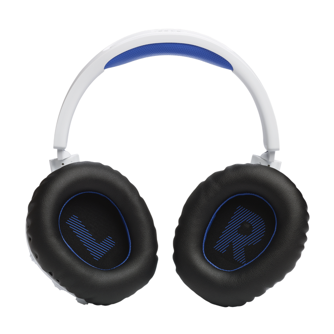 Auriculares blancos con orejeras negras, detalles azules. El auricular izquierdo tiene una 'L', el derecho una 'R'.