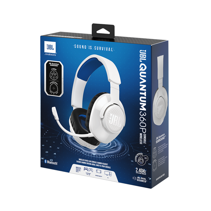 Auriculares gaming JBL Quantum 360P Wireless, con auriculares blancos y caja.