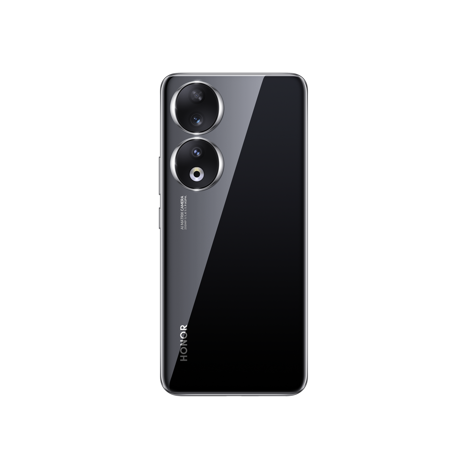 Vista trasera de un teléfono HONOR negro con un sistema de cámara dual sobre un fondo negro.