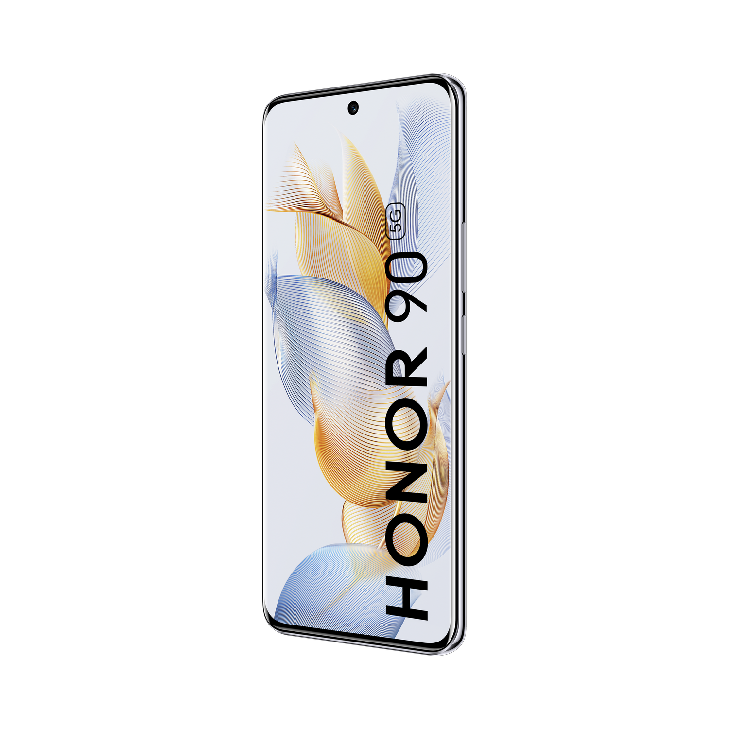Un teléfono inteligente con una pantalla que muestra un patrón floral y el texto "HONOR 90 5G".