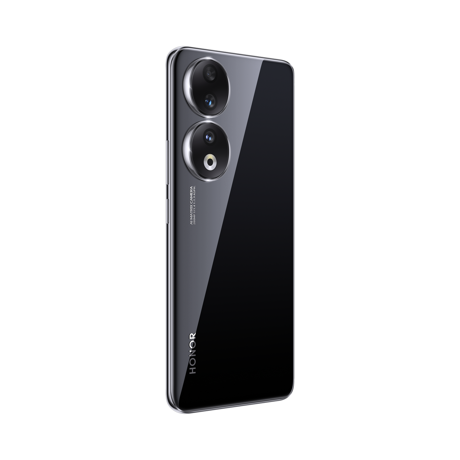 Teléfono HONOR negro con cámaras duales en la parte trasera. La pantalla es brillante y reflectante.