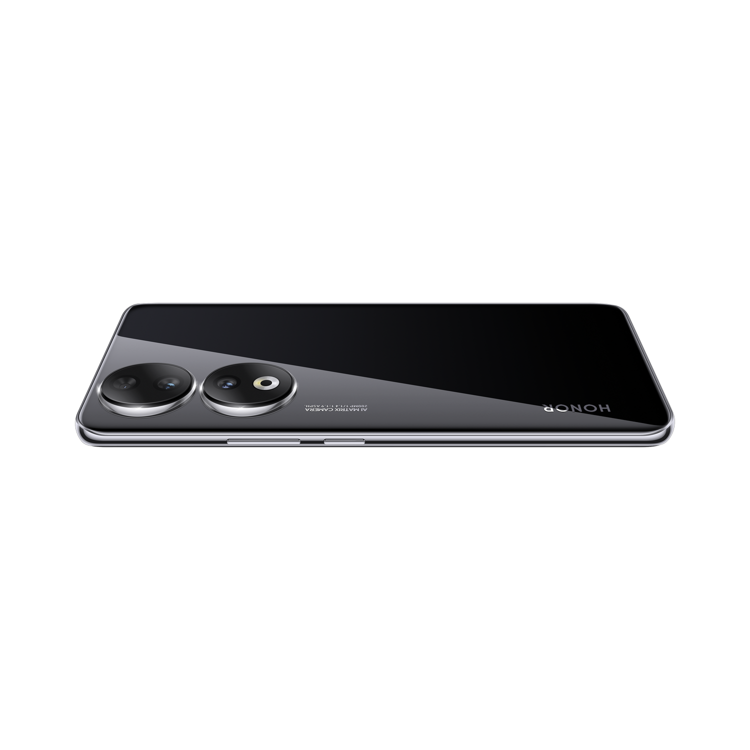 Un teléfono negro con dos lentes de cámara, acostado sobre una superficie negra.