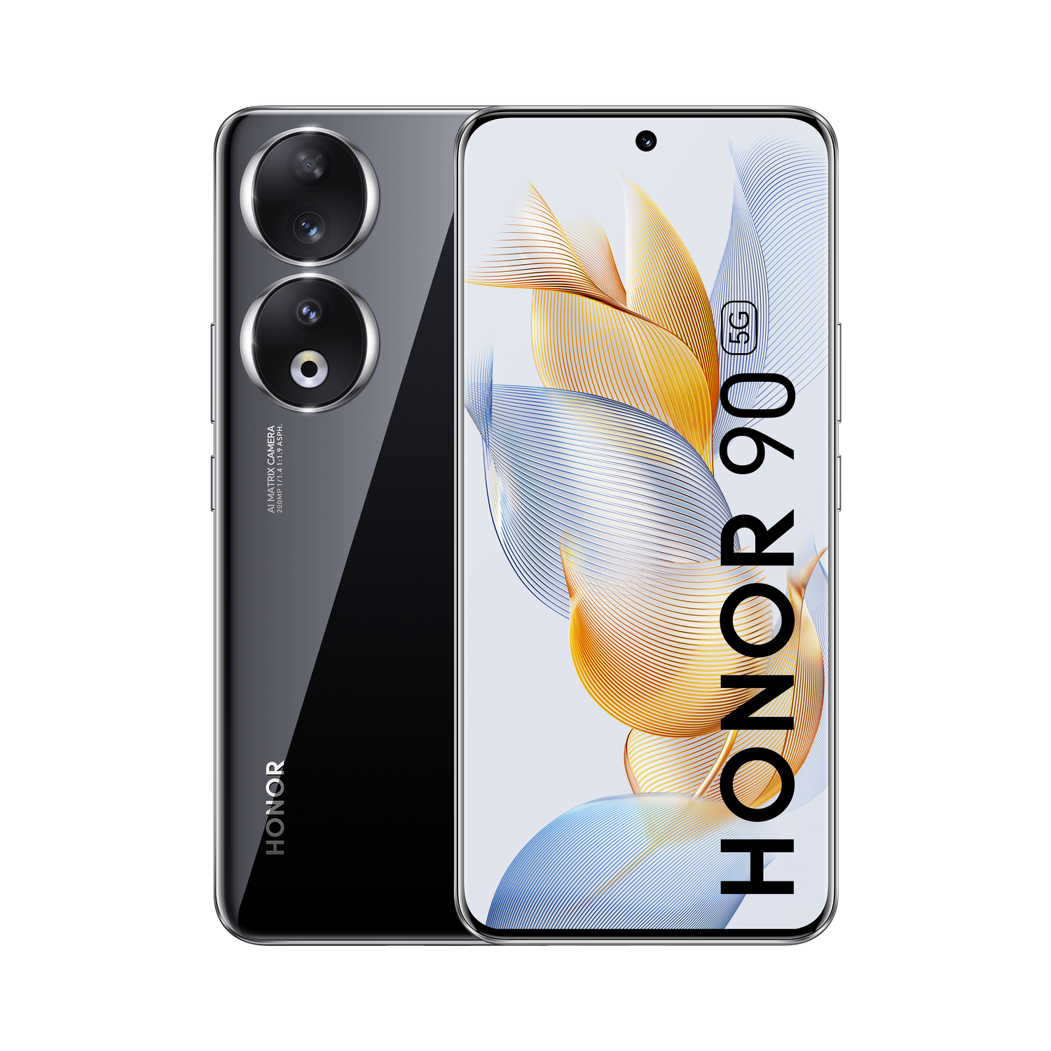Smartphone Honor 90 negro y gris con cámara de doble lente y etiqueta 5G.