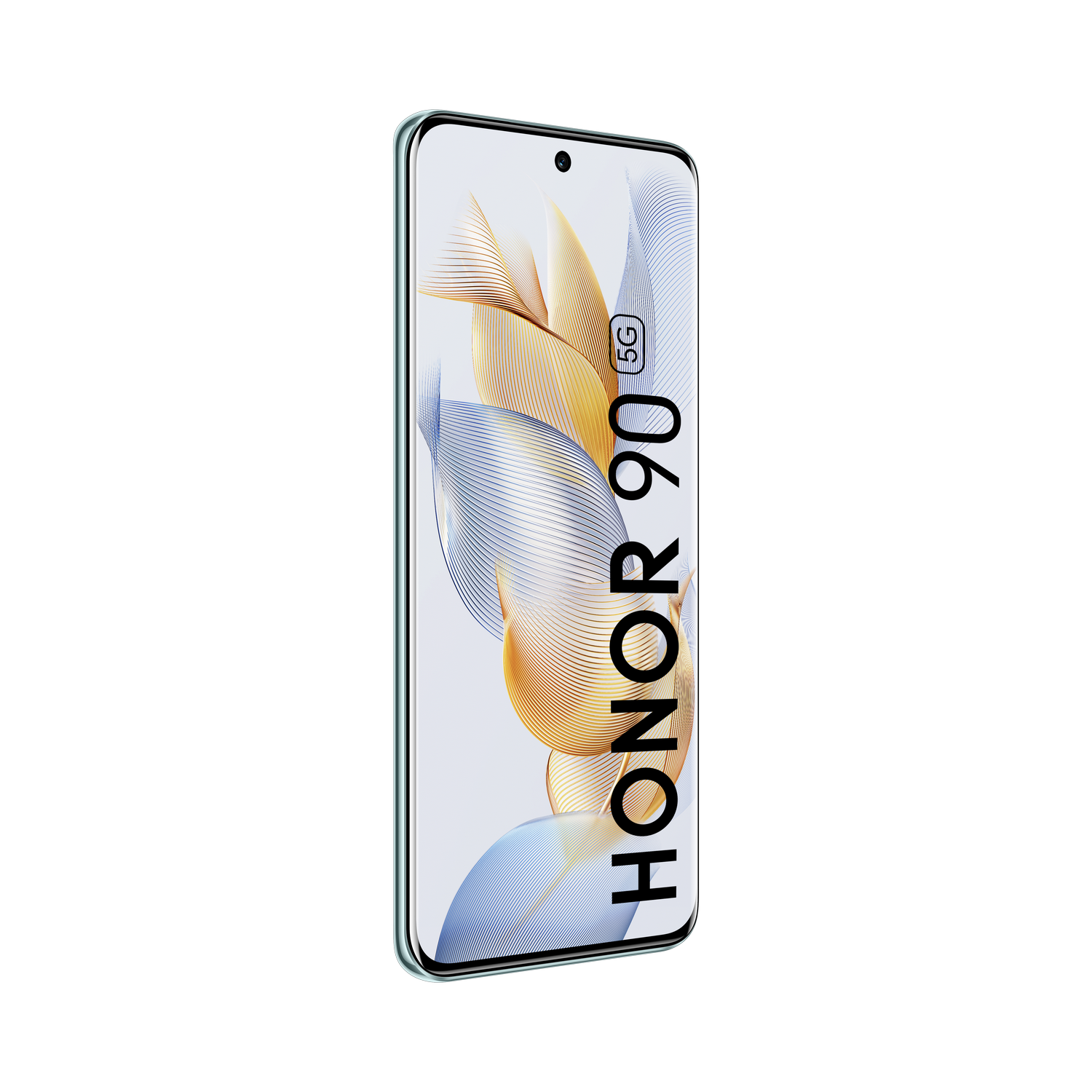Teléfono Honor 90. Marco verde, pantalla con fondo abstracto colorido.